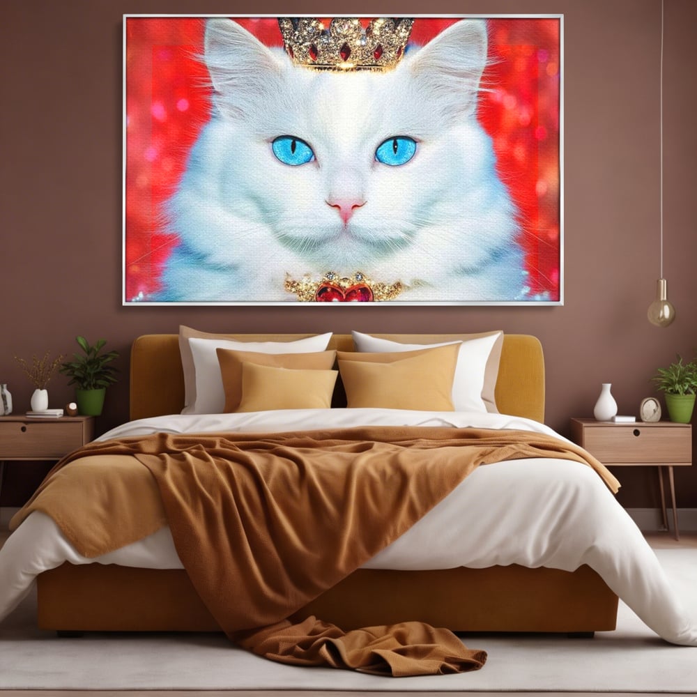 Tablou canvas cu tablou canvas cu pisica alba regala, in rama de aluminiu argintiu, pe perete intr-un dormitor