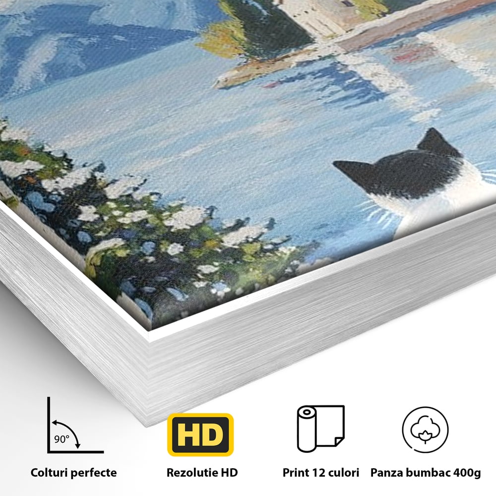 Detaliu al suprafetei: tablou canvas cu pisica privind spre munte, in rama de aluminiu argintiu