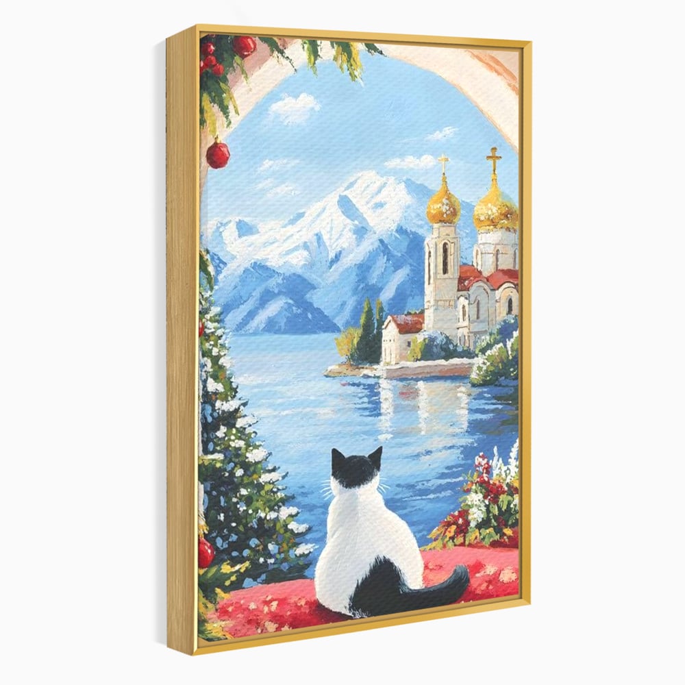 Tablou canvas cu tablou canvas cu pisica privind spre munte, in rama de aluminiu auriu
