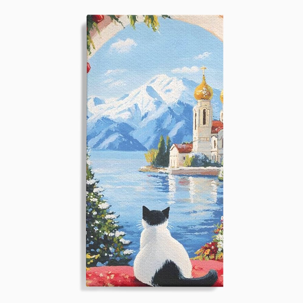Tablou canvas cu tablou canvas cu pisica privind spre munte, fara rama, pe sasiu de lemn