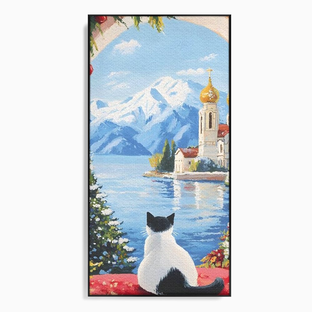 Tablou canvas cu tablou canvas cu pisica privind spre munte, in rama de aluminiu negru