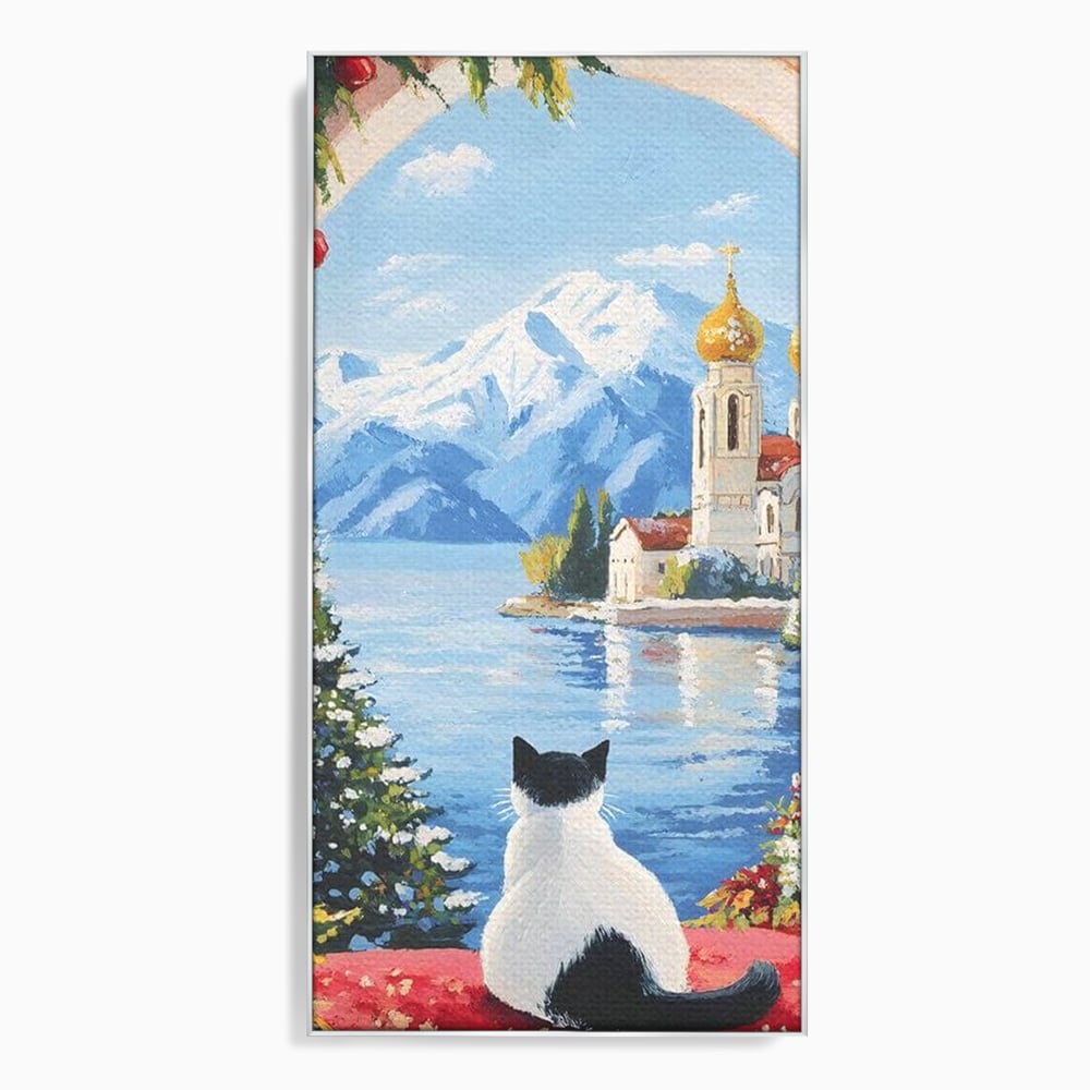 Tablou canvas cu tablou canvas cu pisica privind spre munte, in rama de aluminiu argintiu