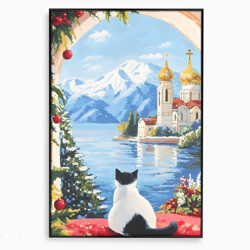 Tablou canvas cu tablou canvas cu pisica privind spre munte, in rama de aluminiu negru