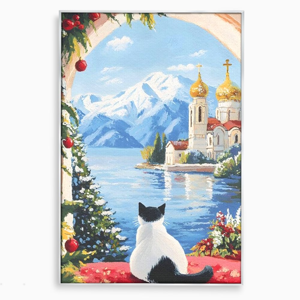 Tablou canvas cu tablou canvas cu pisica privind spre munte, in rama de aluminiu argintiu
