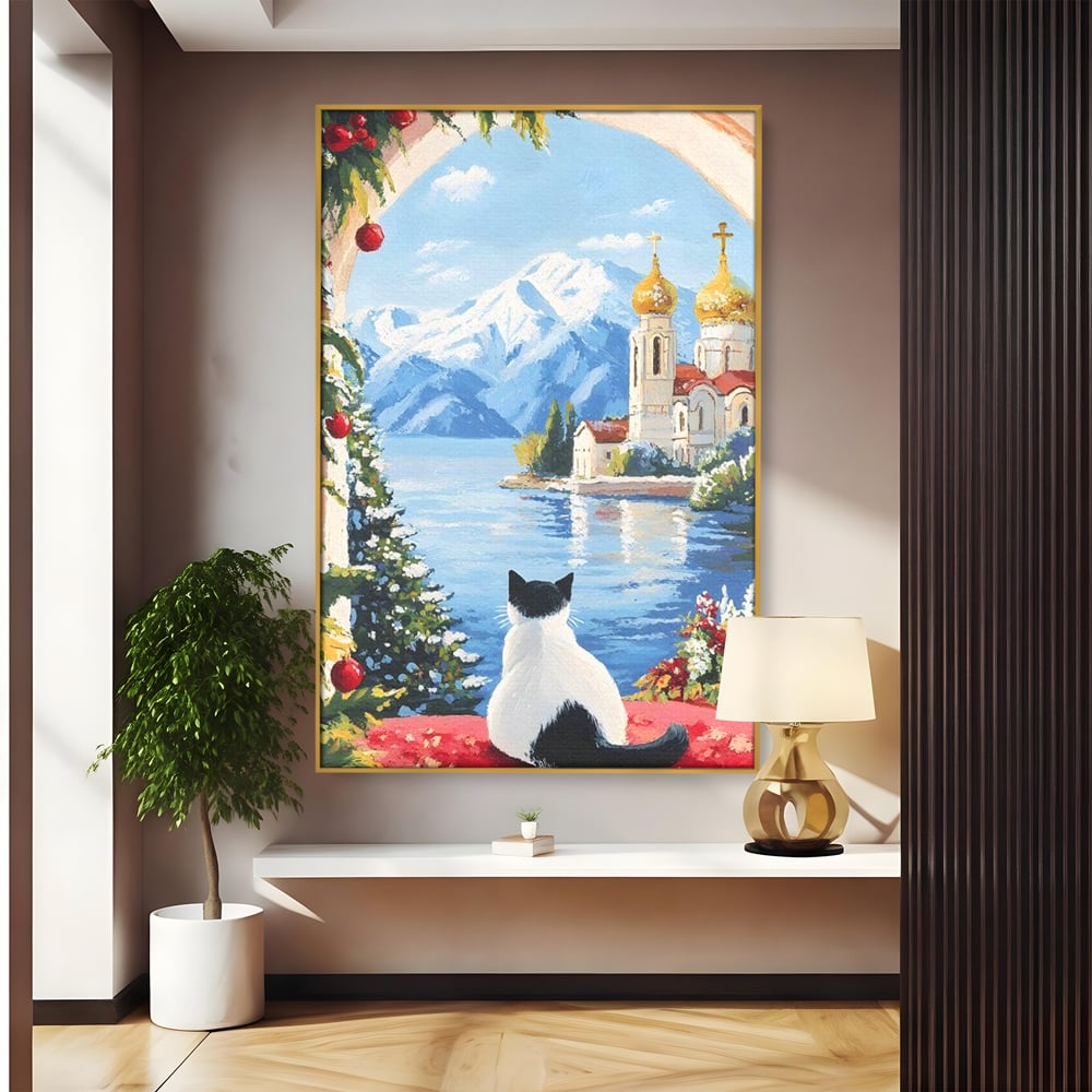 Tablou canvas cu tablou canvas cu pisica privind spre munte, in rama de aluminiu auriu