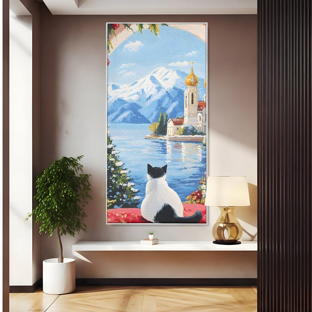 Tablou canvas cu tablou canvas cu pisica privind spre munte, in rama de aluminiu argintiu