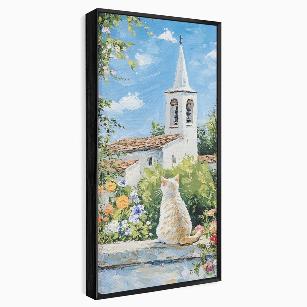 Tablou canvas cu tablou pictura cu pisica alba si biserica, in rama de aluminiu negru