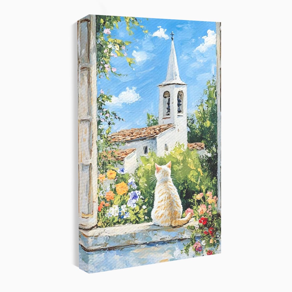 Tablou canvas cu tablou pictura cu pisica alba si biserica, fara rama, pe sasiu de lemn