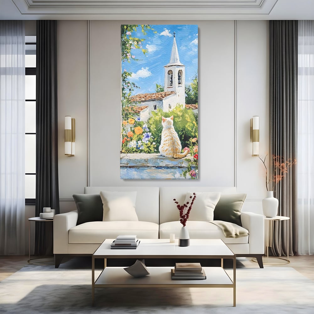 Tablou canvas cu tablou pictura cu pisica alba si biserica, fara rama, pe sasiu de lemn, pe perete intr-un living