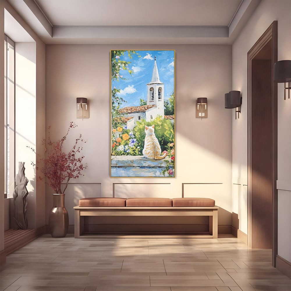 Tablou canvas cu tablou pictura cu pisica alba si biserica, in rama de aluminiu auriu