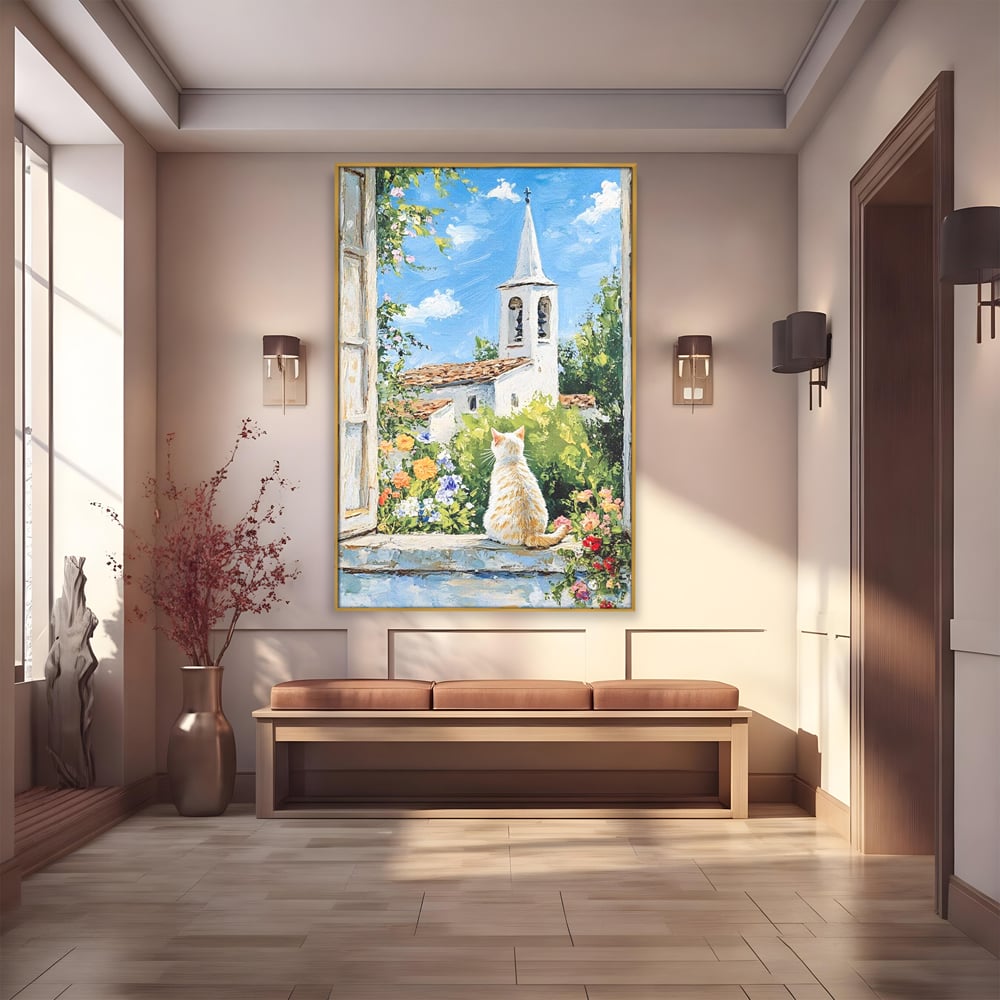 Tablou canvas cu tablou pictura cu pisica alba si biserica, in rama de aluminiu auriu