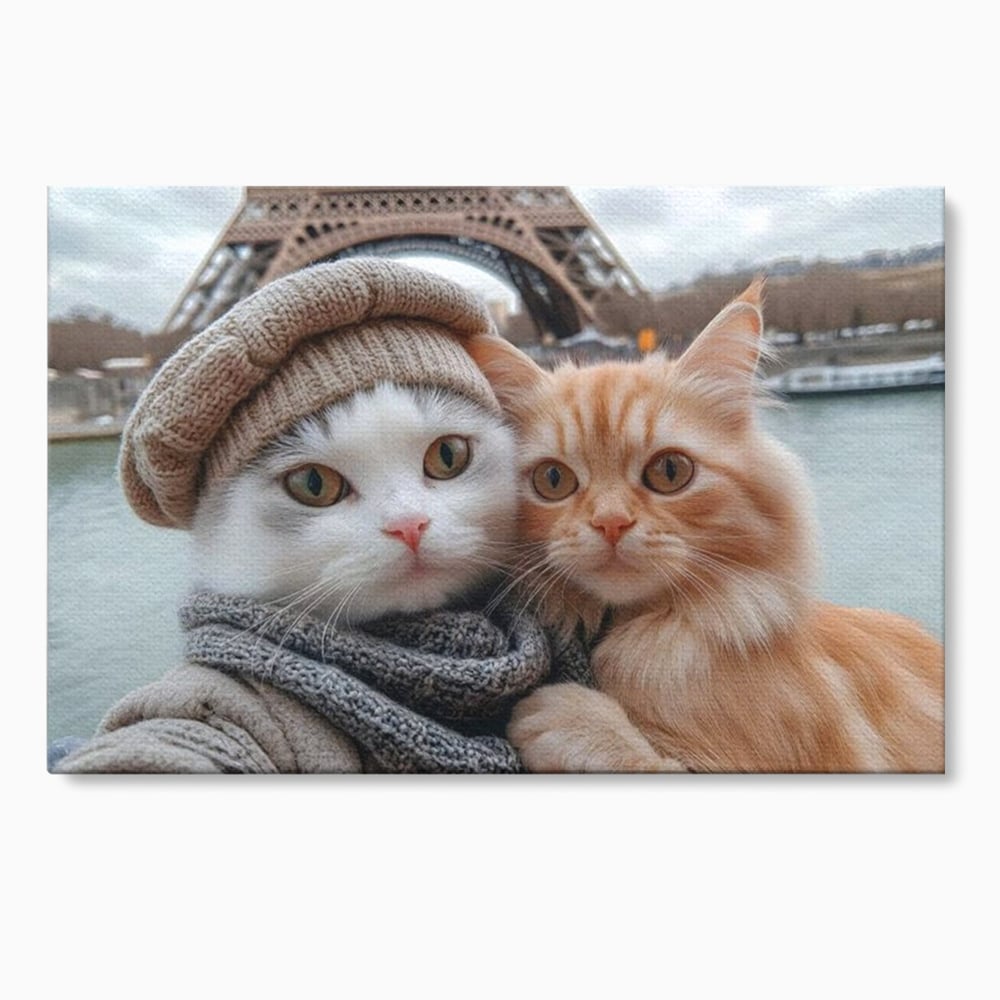 Tablou canvas cu tablou canvas cu pisici in paris, fara rama, pe sasiu de lemn