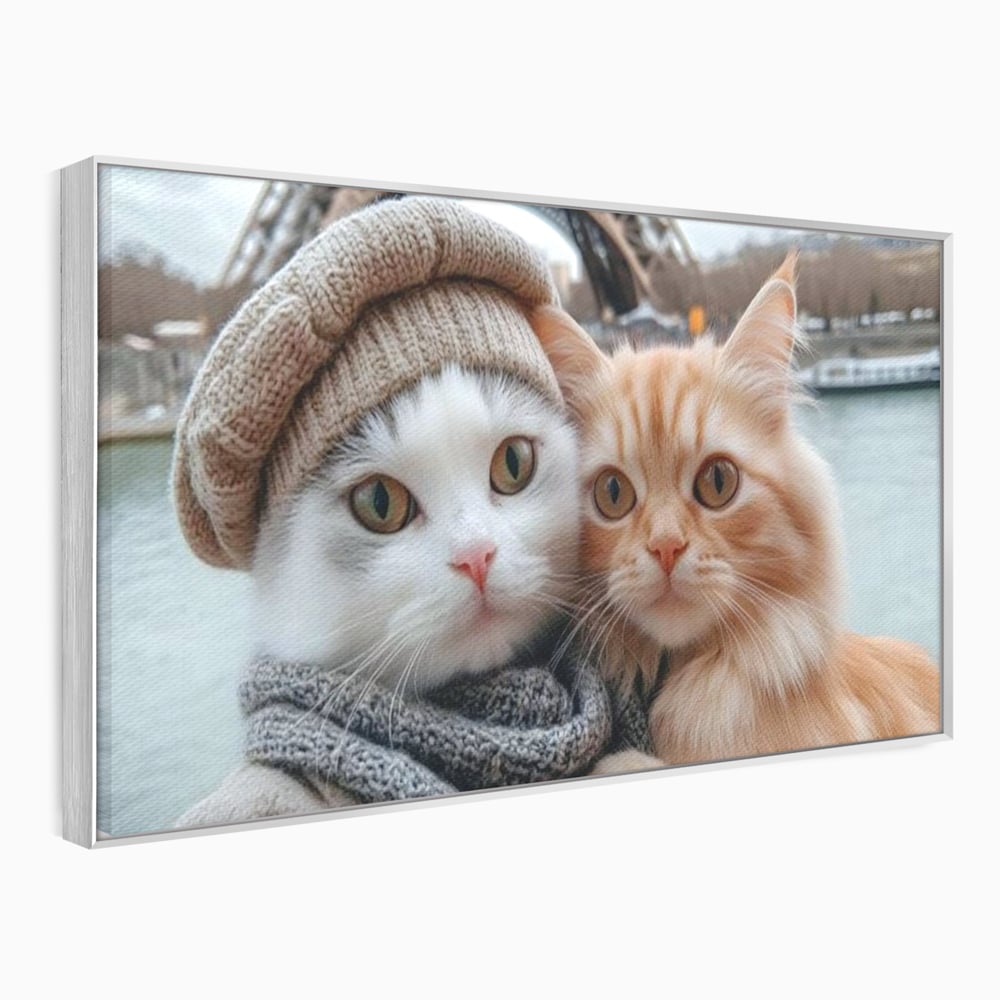 Tablou canvas cu tablou canvas cu pisici in paris, in rama de aluminiu argintiu