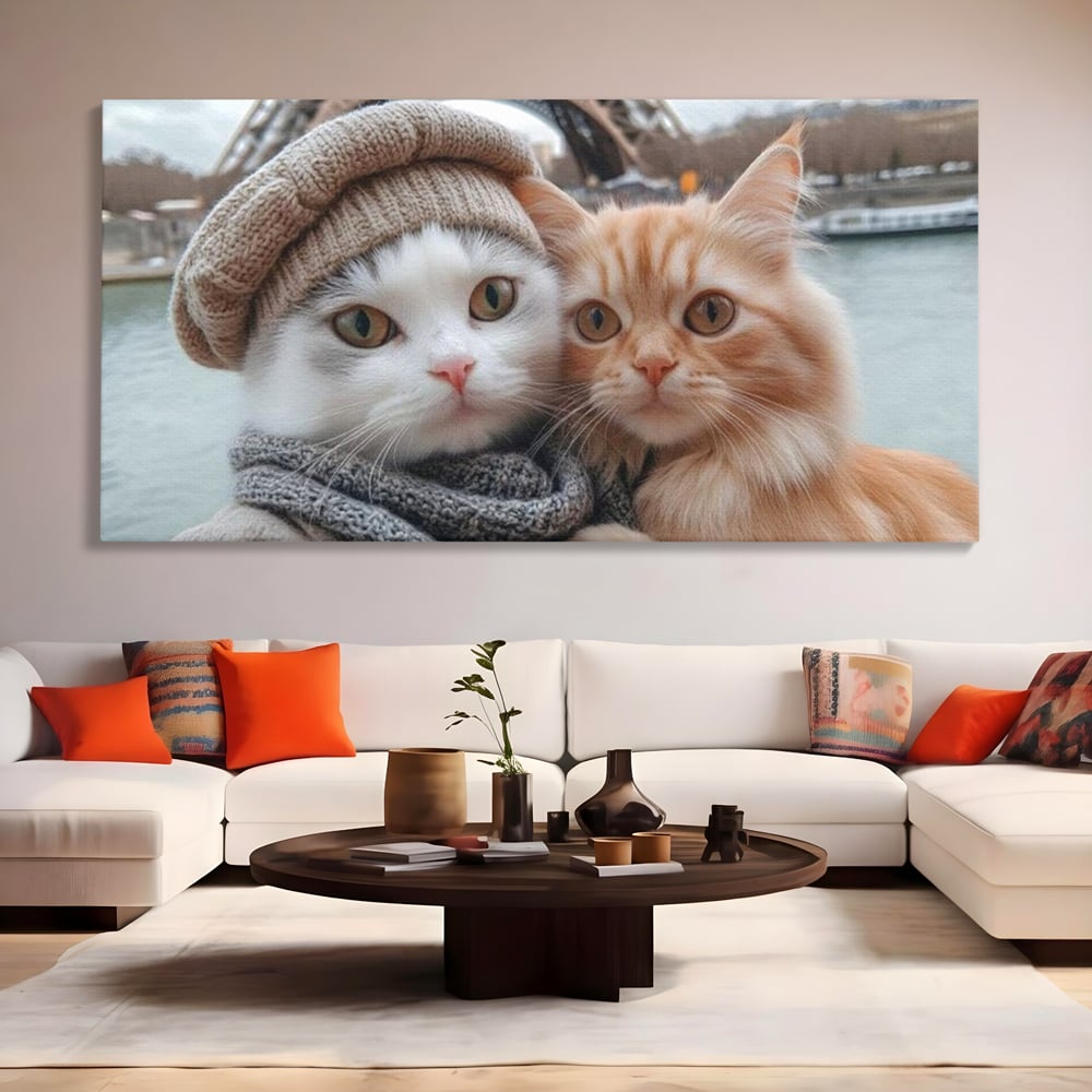 Tablou canvas cu tablou canvas cu pisici in paris, fara rama, pe sasiu de lemn, pe perete intr-un living