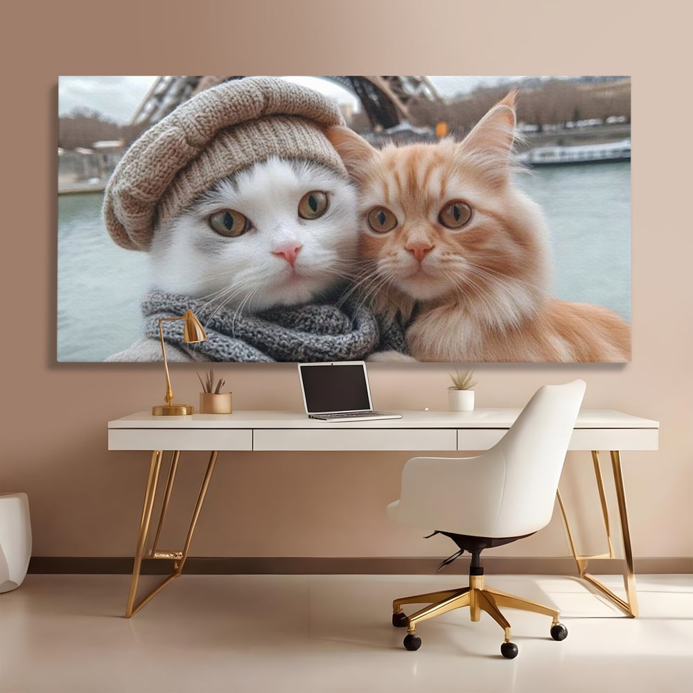 Tablou canvas cu tablou canvas cu pisici in paris, fara rama, pe sasiu de lemn, pe perete intr-un birou