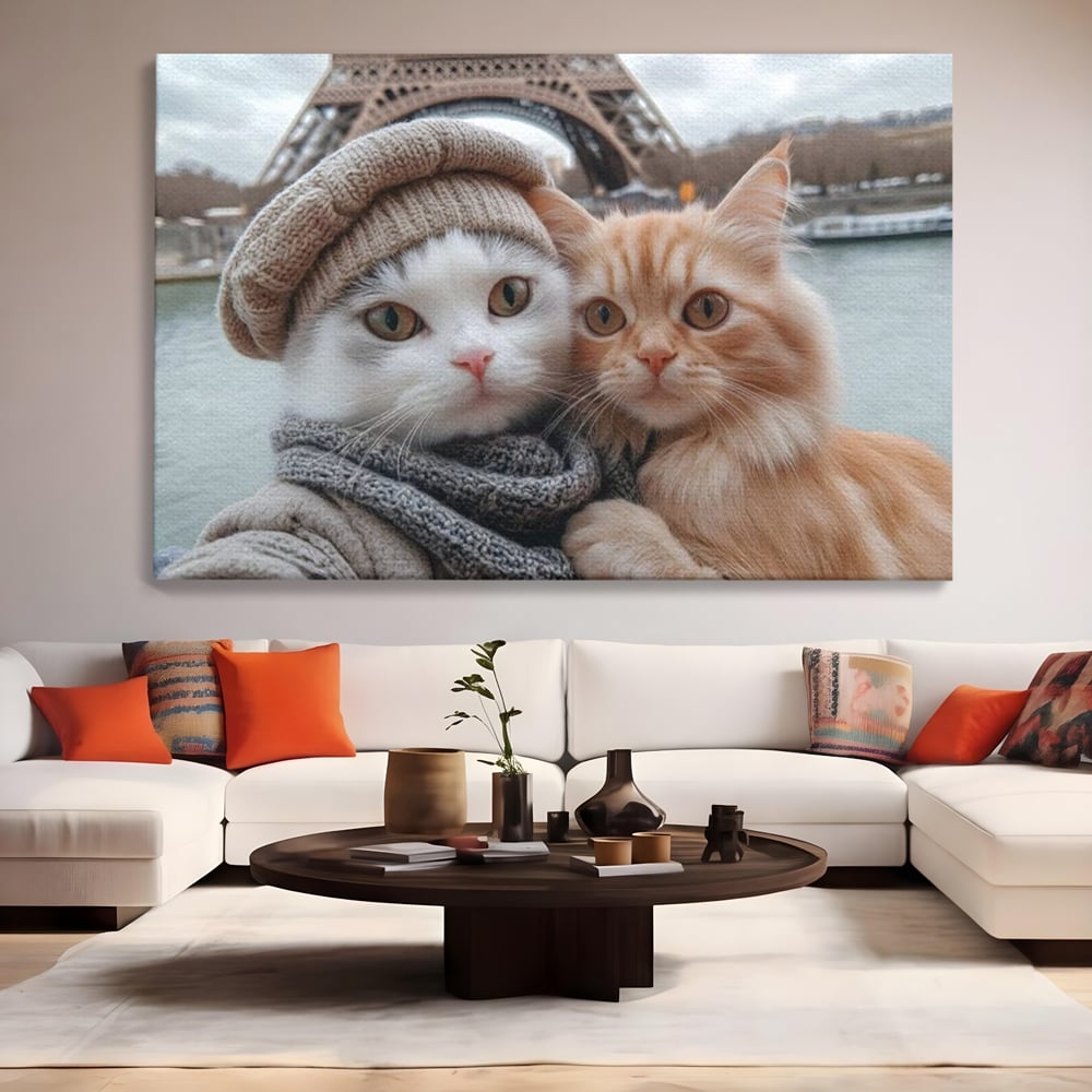 Tablou canvas cu tablou canvas cu pisici in paris, fara rama, pe sasiu de lemn, pe perete intr-un living