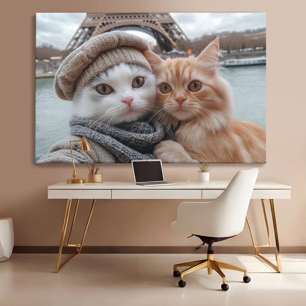 Tablou canvas cu tablou canvas cu pisici in paris, fara rama, pe sasiu de lemn, pe perete intr-un birou