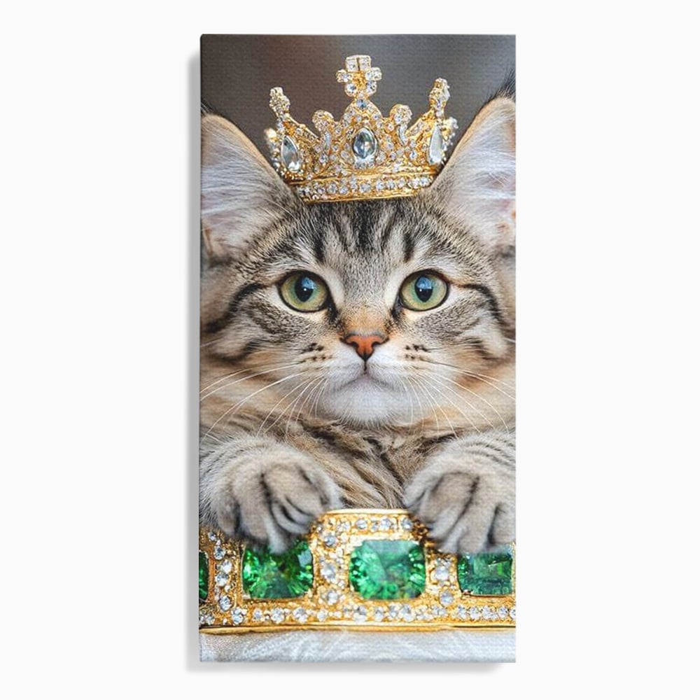 Tablou canvas cu tablou canvas cu motan purtand coroana, fara rama, pe sasiu de lemn