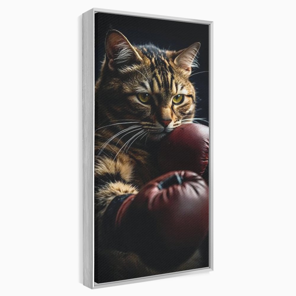 Tablou canvas cu tablou canvas cu motan boxer, in rama de aluminiu argintiu