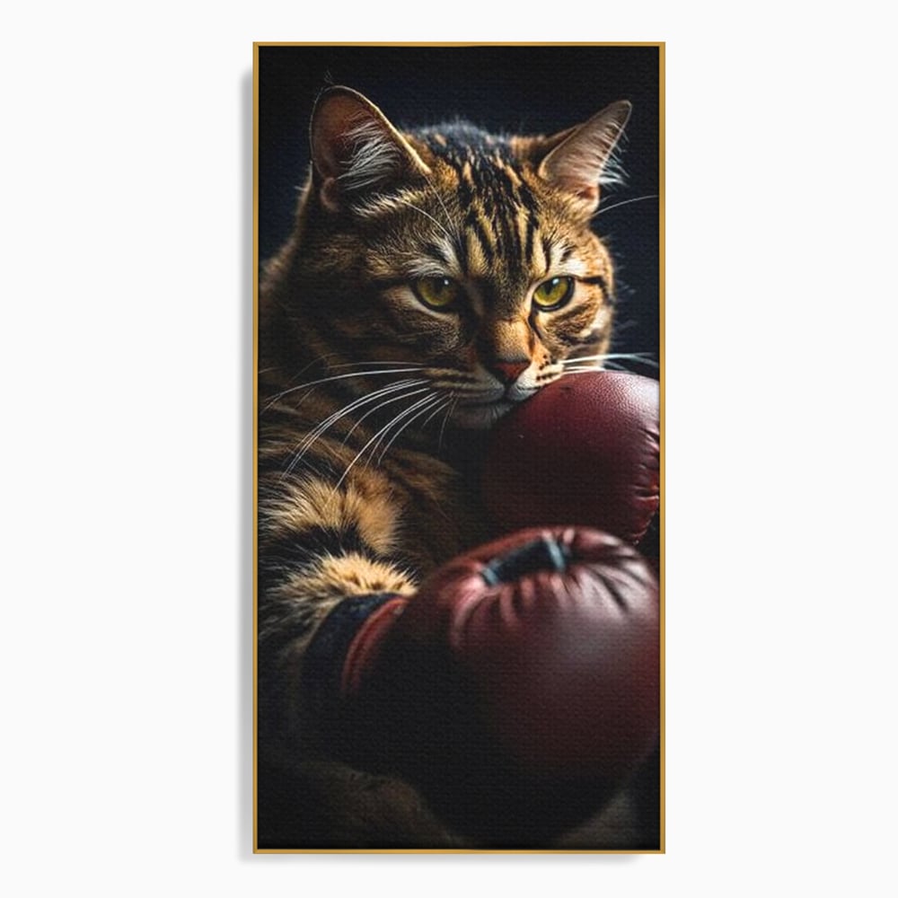 Tablou canvas cu tablou canvas cu motan boxer, in rama de aluminiu auriu