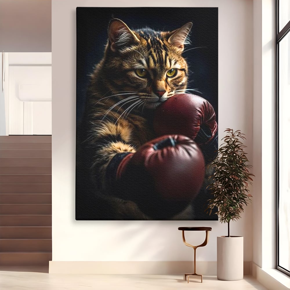 Tablou canvas cu tablou canvas cu motan boxer, fara rama, pe sasiu de lemn