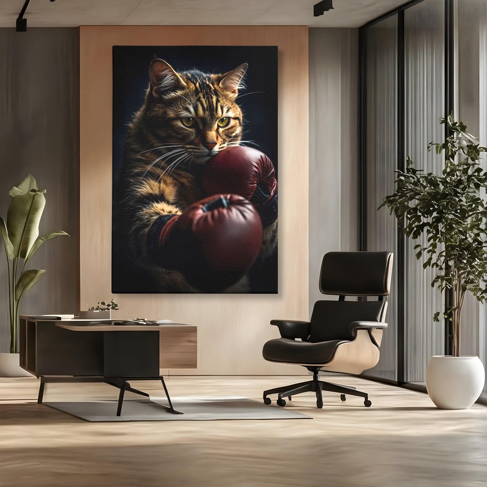 Tablou canvas cu tablou canvas cu motan boxer, fara rama, pe sasiu de lemn, pe perete intr-un birou