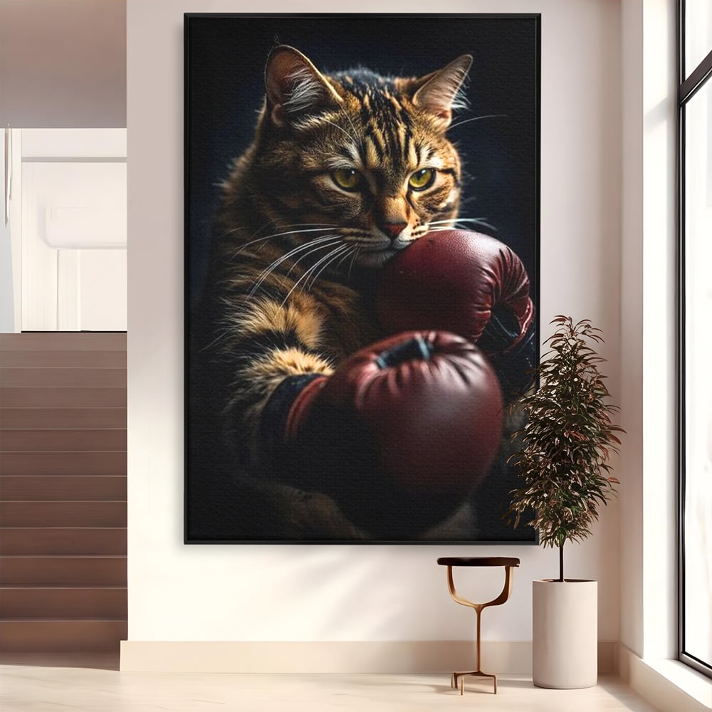 Tablou canvas cu tablou canvas cu motan boxer, in rama de aluminiu negru