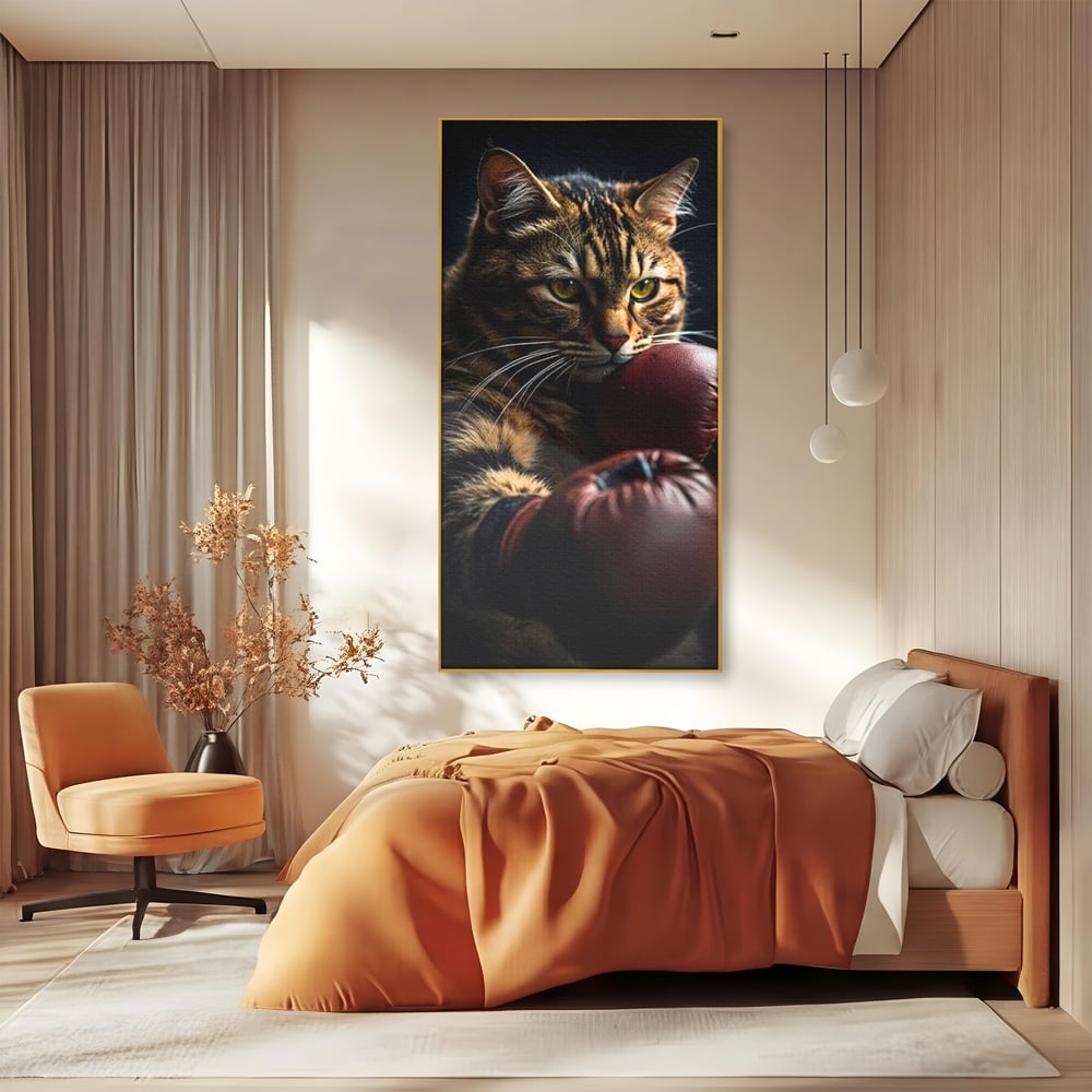 Tablou canvas cu tablou canvas cu motan boxer, in rama de aluminiu auriu, pe perete intr-un dormitor