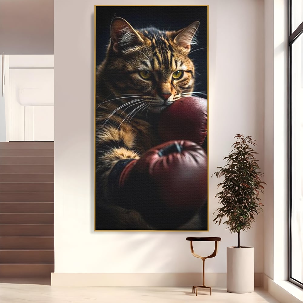 Tablou canvas cu tablou canvas cu motan boxer, in rama de aluminiu auriu