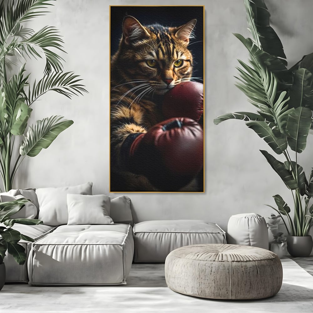 Tablou canvas cu tablou canvas cu motan boxer, in rama de aluminiu auriu, pe perete intr-un living