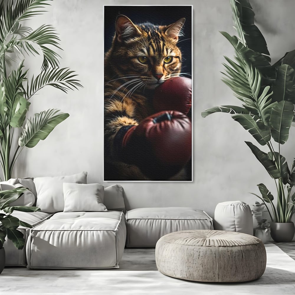 Tablou canvas cu tablou canvas cu motan boxer, in rama de aluminiu argintiu, pe perete intr-un living