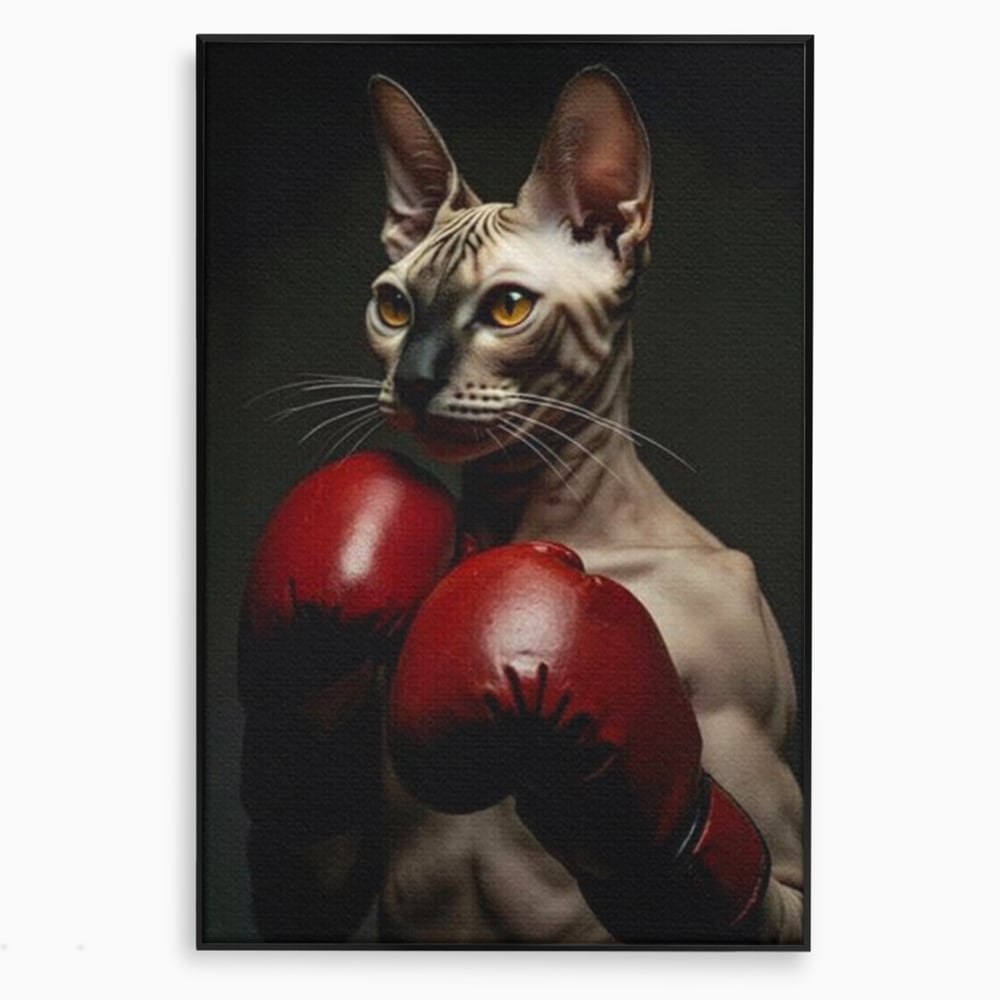 Tablou canvas cu tablou canvas cu motan sphynx boxer, in rama de aluminiu negru