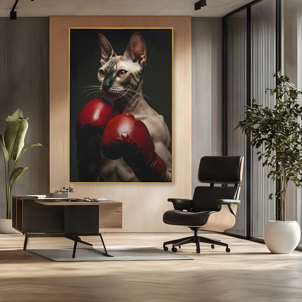 Tablou canvas cu tablou canvas cu motan sphynx boxer, in rama de aluminiu auriu, pe perete intr-un birou