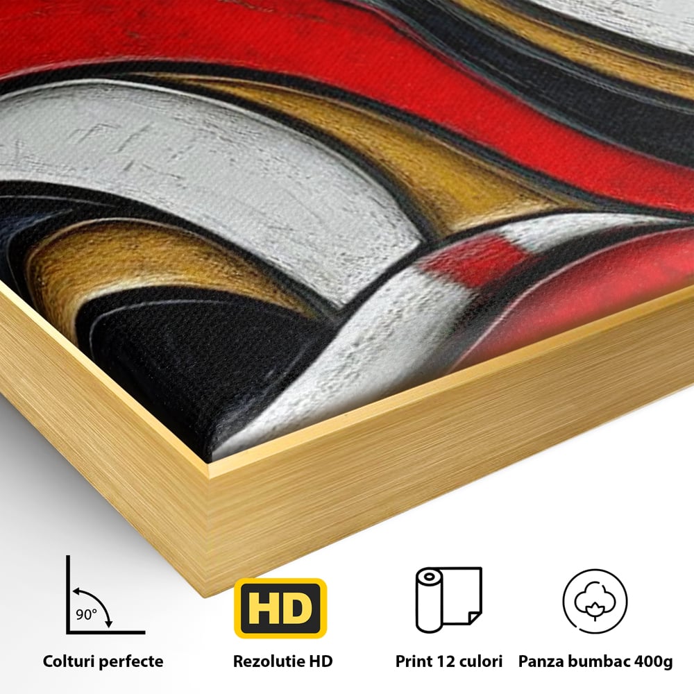 Detaliu al suprafetei: tablou canvas cu pisica stilizata in profil, in rama de aluminiu auriu