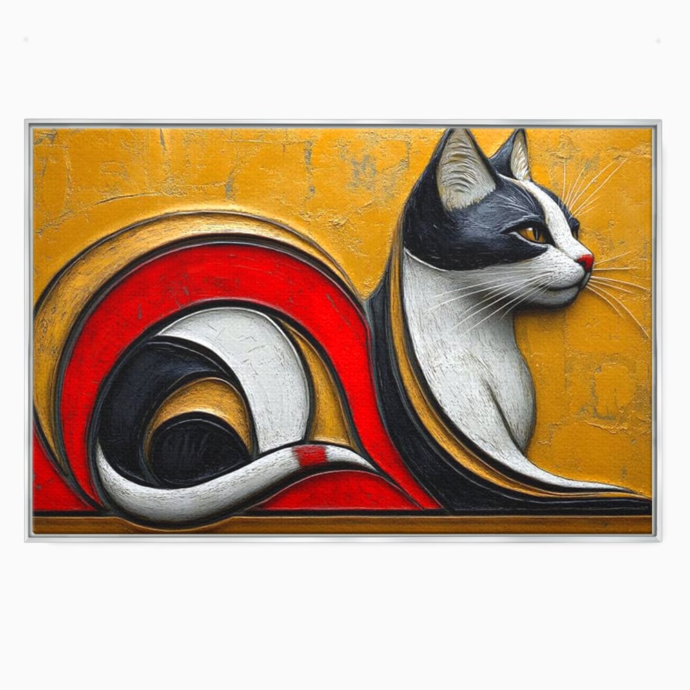 Tablou canvas cu tablou canvas cu pisica stilizata in profil, in rama de aluminiu argintiu