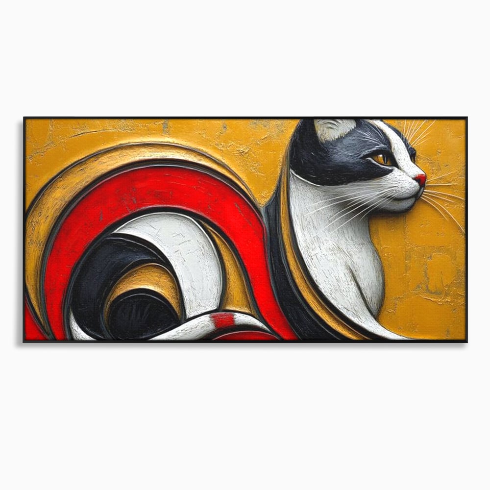 Tablou canvas cu tablou canvas cu pisica stilizata in profil, in rama de aluminiu negru