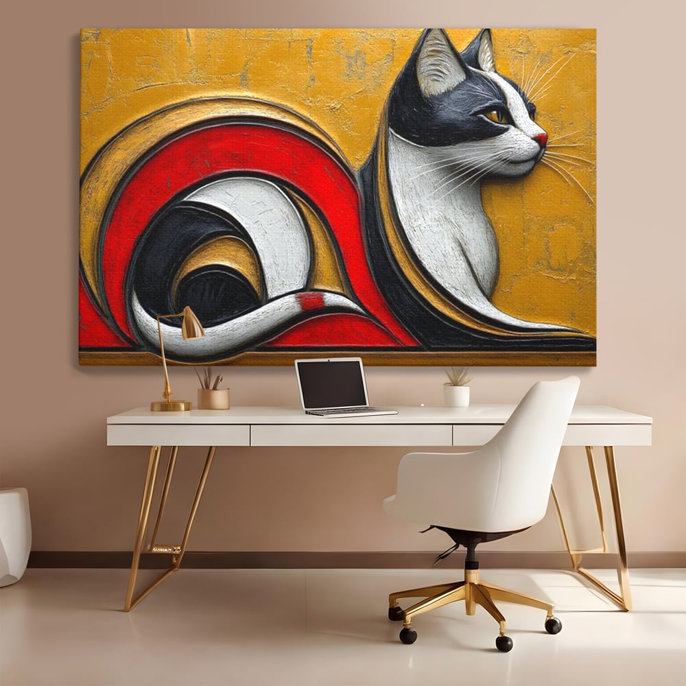 Tablou canvas cu tablou canvas cu pisica stilizata in profil, fara rama, pe sasiu de lemn, pe perete intr-un birou