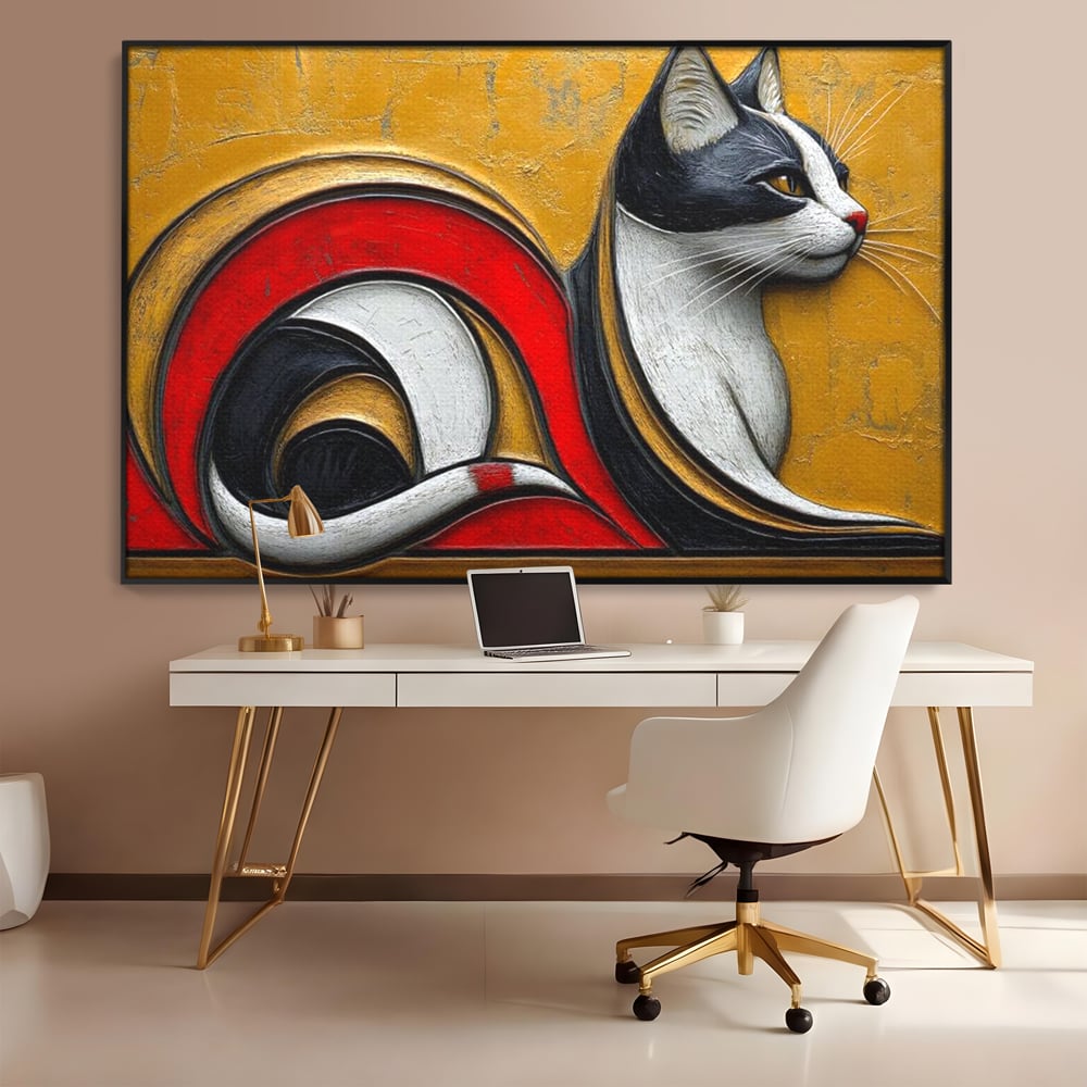 Tablou canvas cu tablou canvas cu pisica stilizata in profil, in rama de aluminiu negru, pe perete intr-un birou