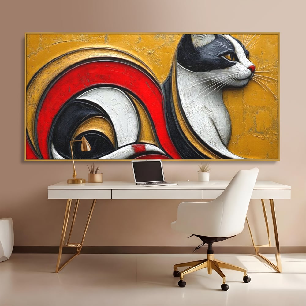 Tablou canvas cu tablou canvas cu pisica stilizata in profil, in rama de aluminiu auriu, pe perete intr-un birou
