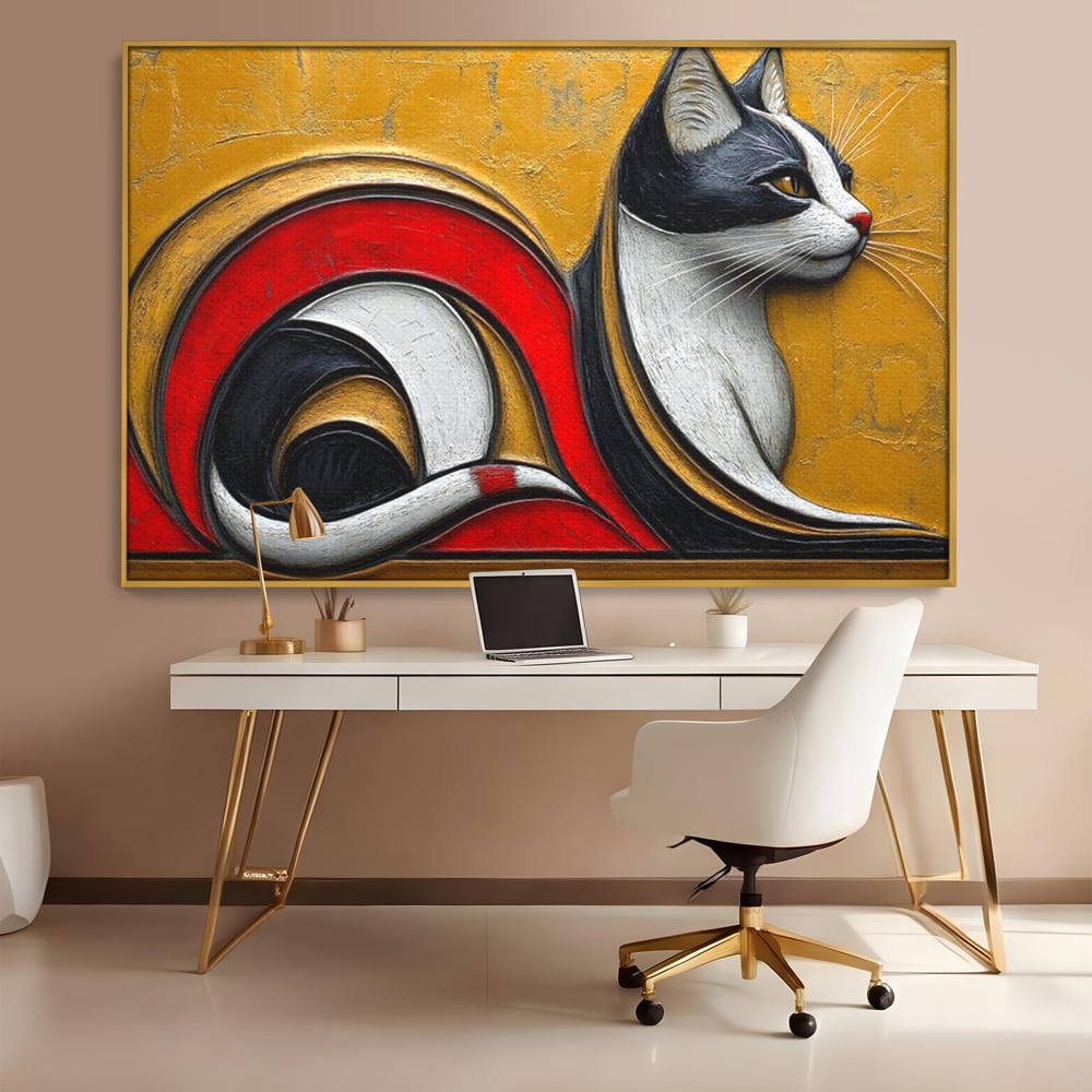 Tablou canvas cu tablou canvas cu pisica stilizata in profil, in rama de aluminiu auriu, pe perete intr-un birou