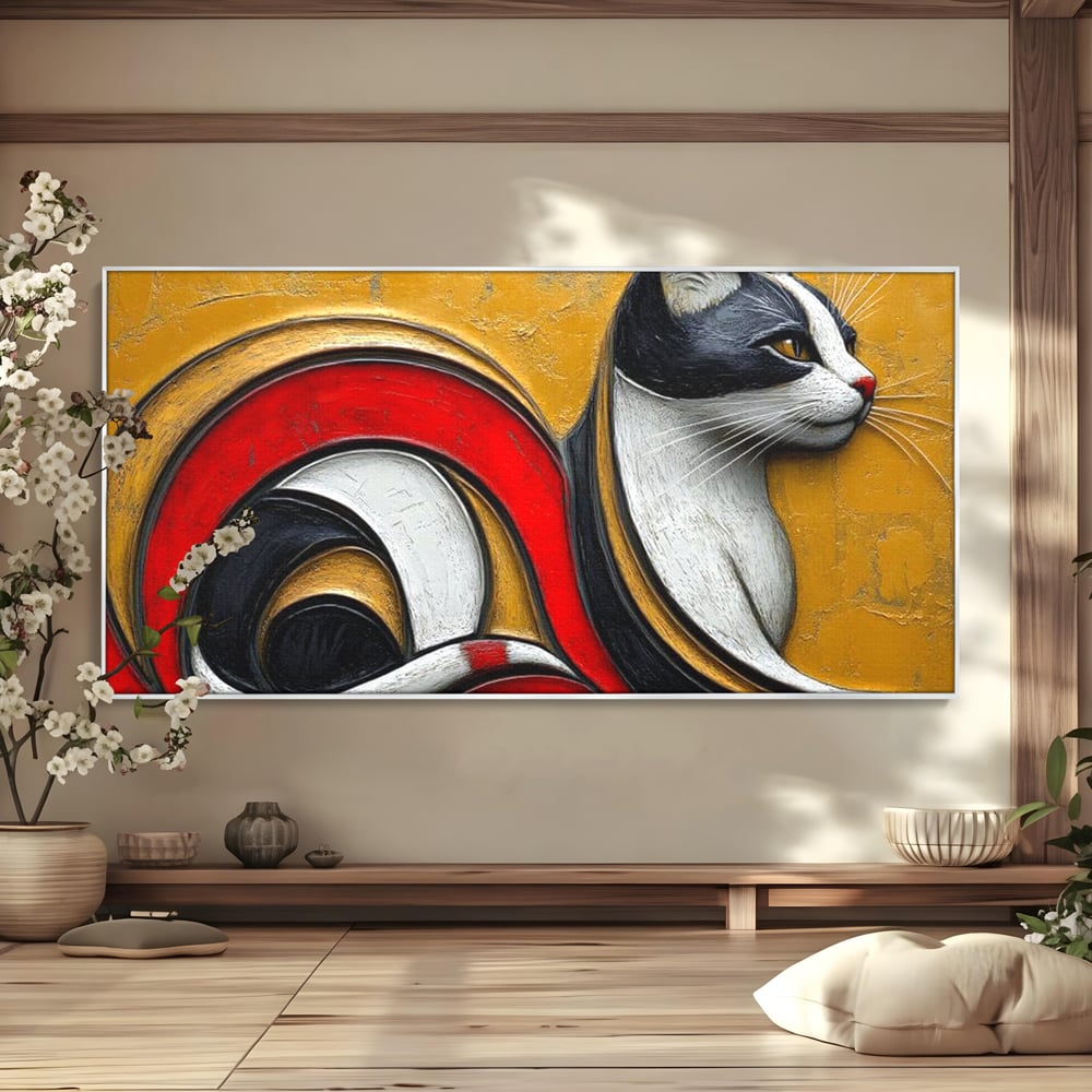 Tablou canvas cu tablou canvas cu pisica stilizata in profil, in rama de aluminiu argintiu