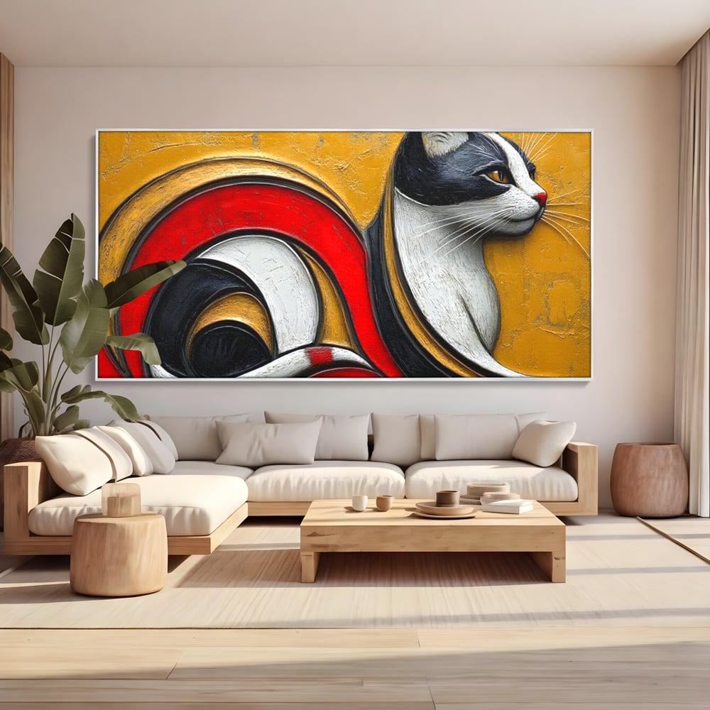 Tablou canvas cu tablou canvas cu pisica stilizata in profil, in rama de aluminiu argintiu, pe perete intr-un living