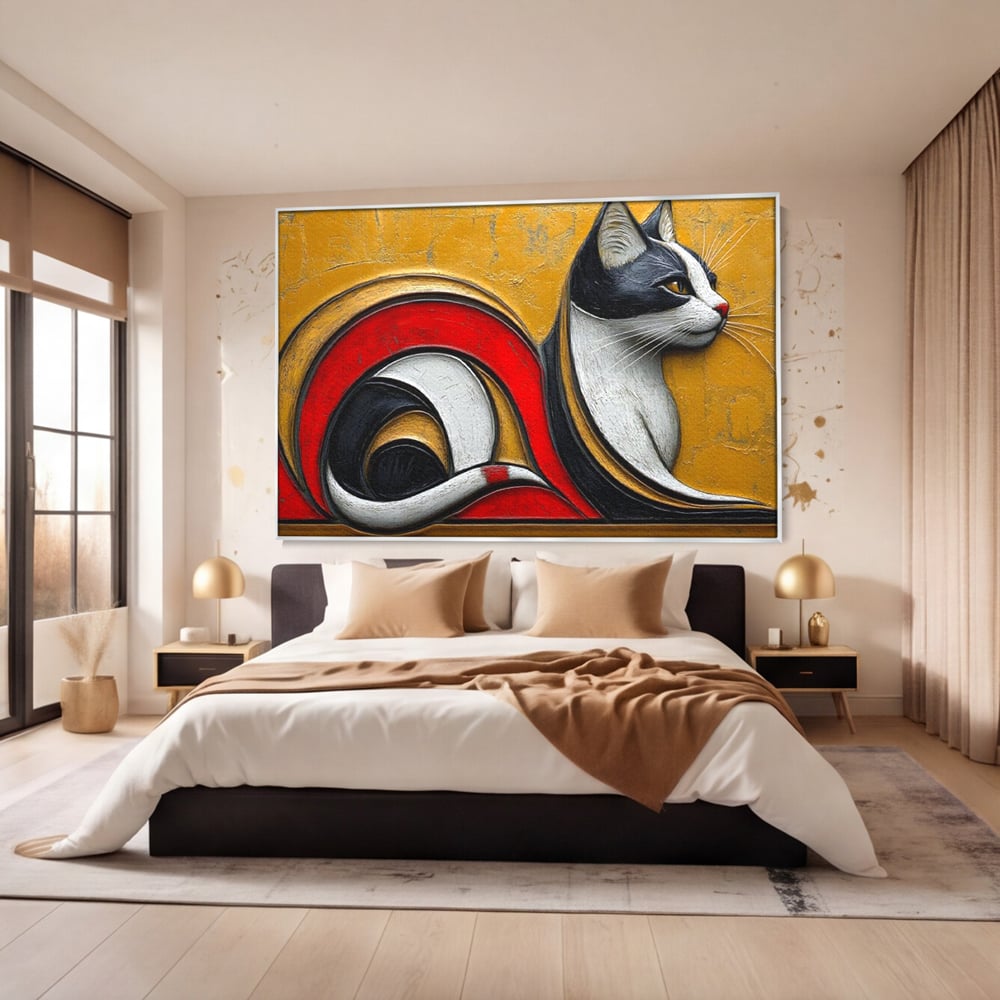 Tablou canvas cu tablou canvas cu pisica stilizata in profil, in rama de aluminiu argintiu, pe perete intr-un dormitor