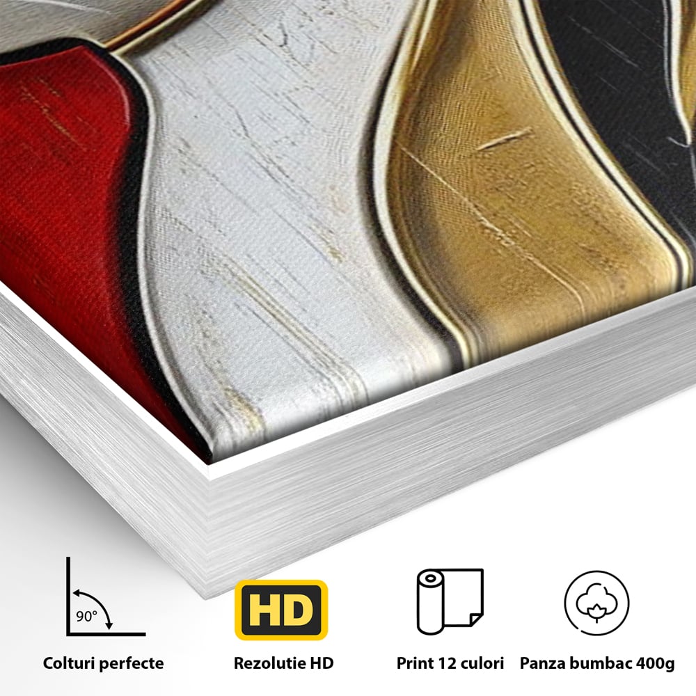 Detaliu al suprafetei: tablou canvas cu pisica in profil, in rama de aluminiu argintiu