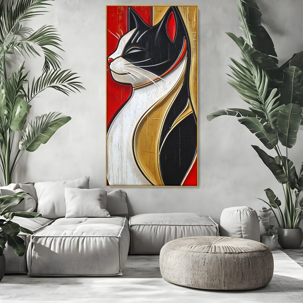 Tablou canvas cu tablou canvas cu pisica in profil, in rama de aluminiu auriu, pe perete intr-un living