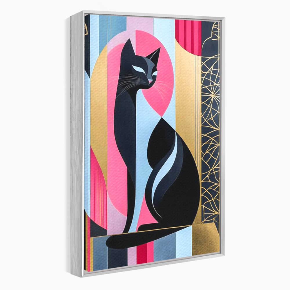 Tablou canvas cu tablou vertical cu silueta de pisica, in rama de aluminiu argintiu