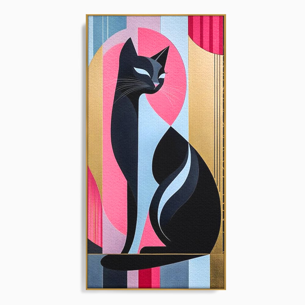 Tablou canvas cu tablou vertical cu silueta de pisica, in rama de aluminiu auriu