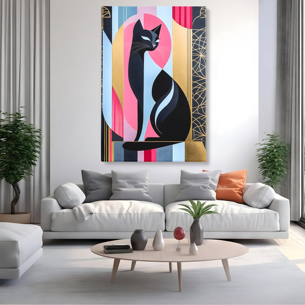Tablou canvas cu tablou vertical cu silueta de pisica, fara rama, pe sasiu de lemn, pe perete intr-un living