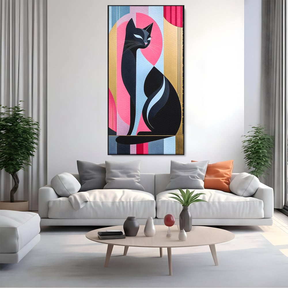 Tablou canvas cu tablou vertical cu silueta de pisica, in rama de aluminiu negru, pe perete intr-un living
