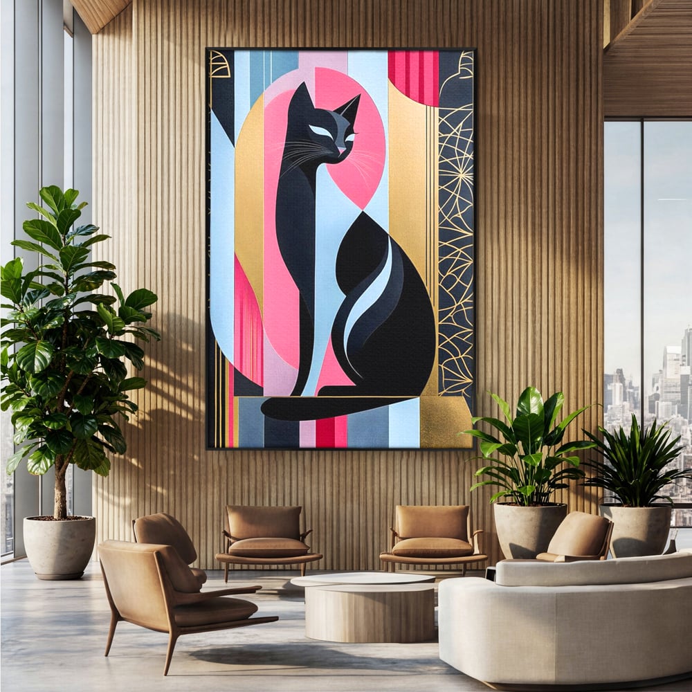 Tablou canvas cu tablou vertical cu silueta de pisica, in rama de aluminiu negru, pe perete intr-un birou